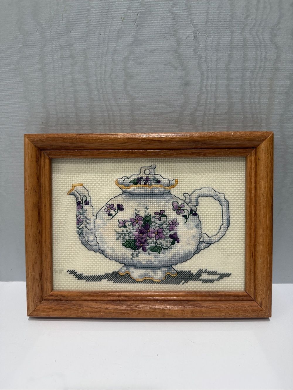 Vintage Finished Cross My Heart Teatime Teapot Cross Stitch Violet Teapot